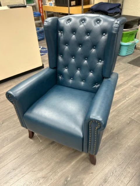 BLUE FAUX LEATHER NAILHEAD ARMCHAIR