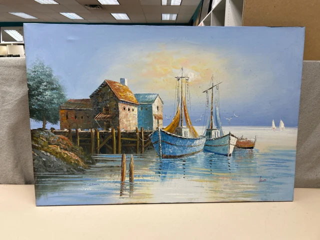 BOATS ON WATER OIL PAINTING