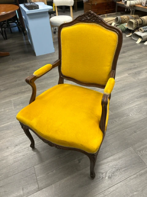 BRIGHT YELLOW WOOD TRIM ARMCHAIR