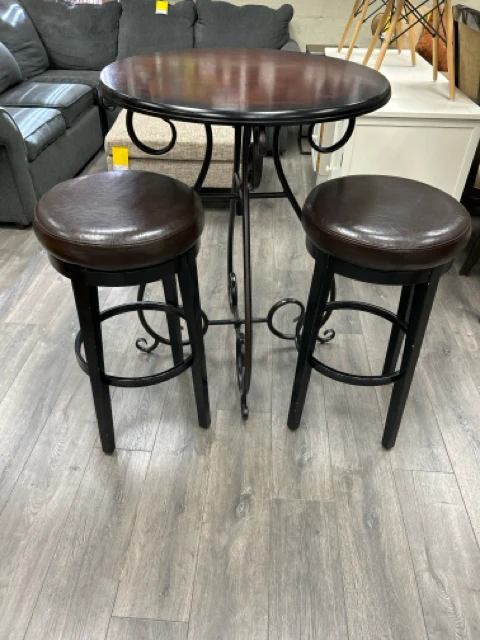 BROWN HIGHTOP TABLE W/2 FAUX LEATHER STOOLS