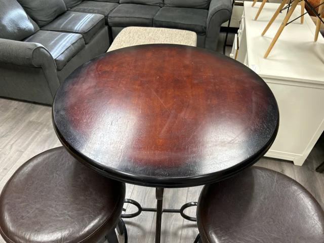 BROWN HIGHTOP TABLE W/2 FAUX LEATHER STOOLS - Image 2