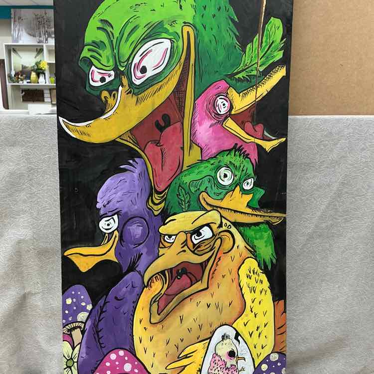 CRAZED DUCKS MUSHROOM ART ON WOOD - Image 2