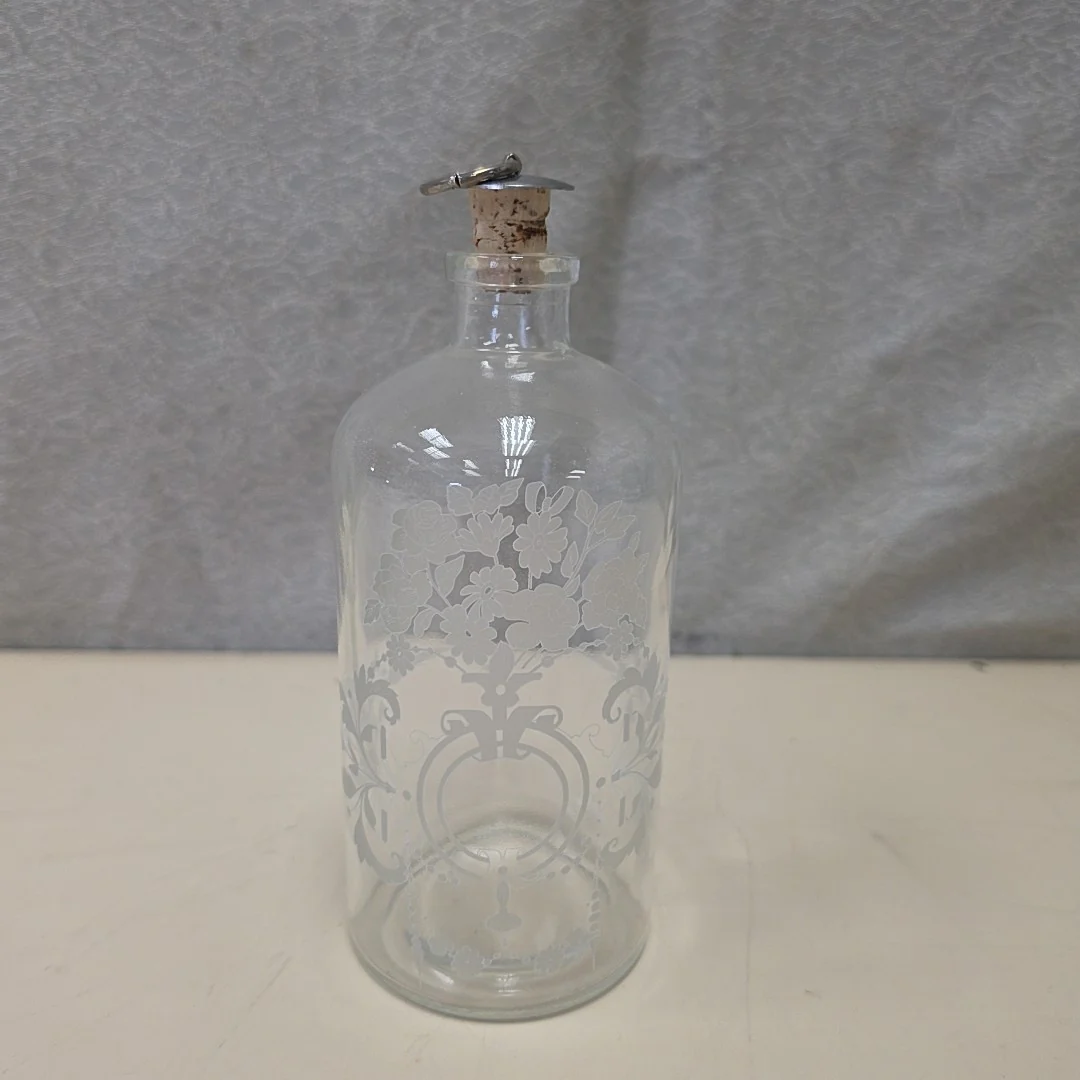 FLORAL ETCHED JAR W/CORK STOPPER