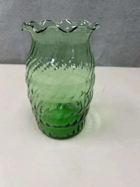 GREEN GLASS RIPPLED TOP VASE