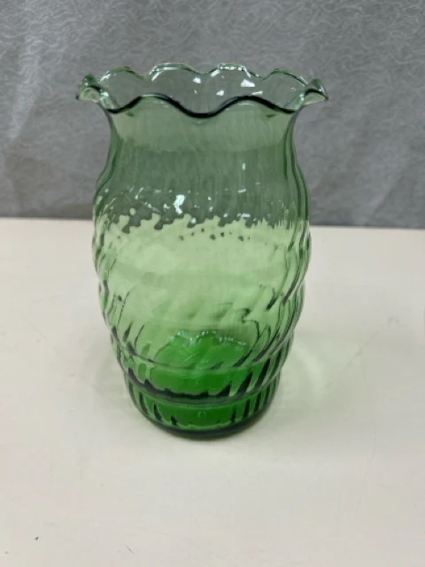 GREEN GLASS RIPPLED TOP VASE