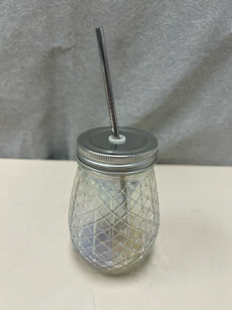 IRIDESCENT GLASS W/LID & STRAW