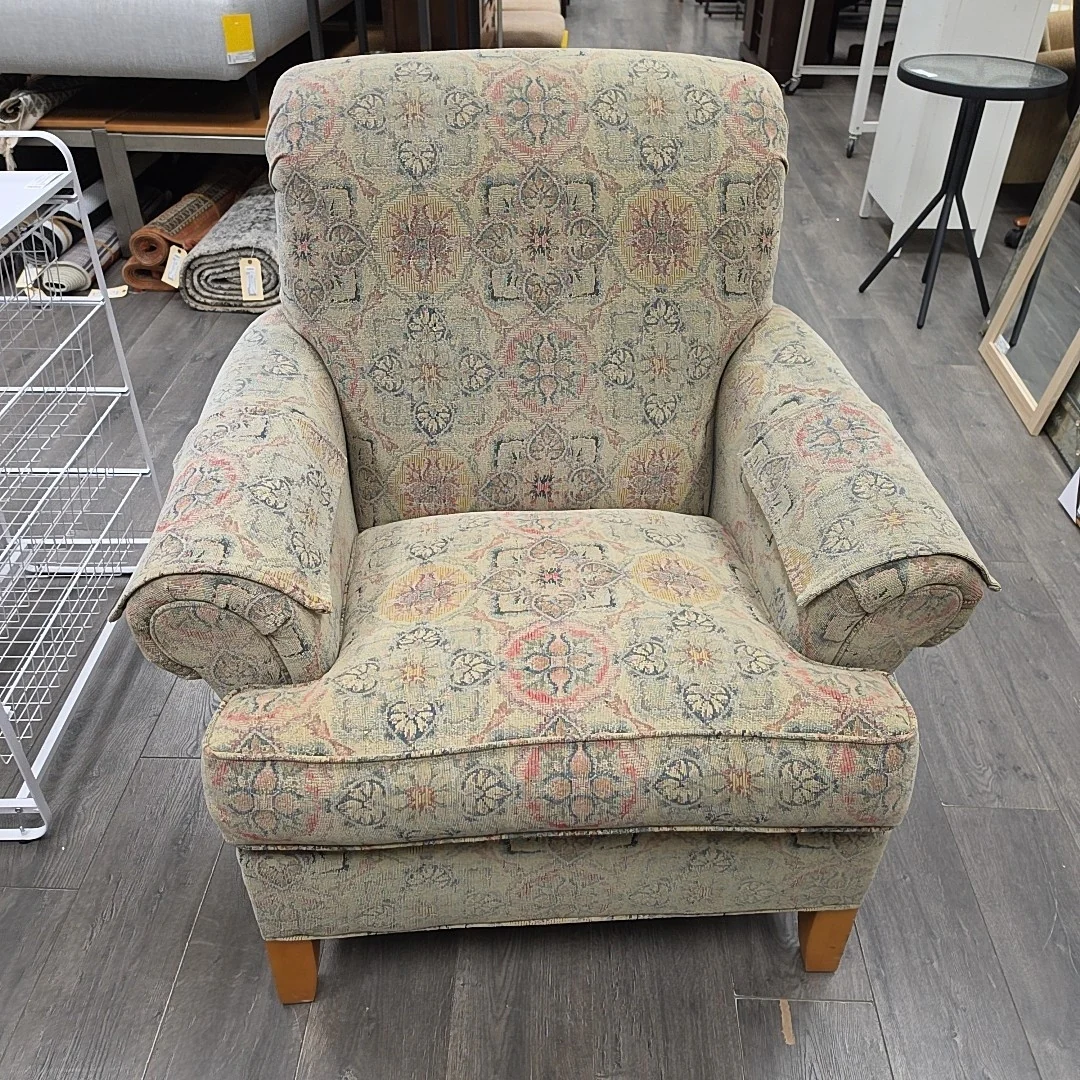 PINK BLUE TAN UPHOL ARMCHAIR