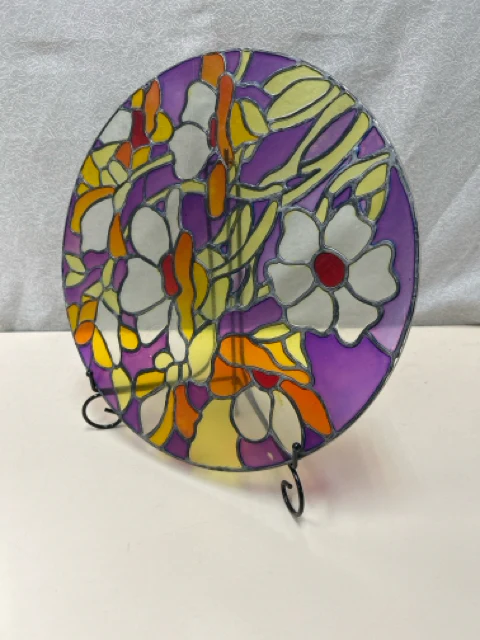 PURPLE ORANGE GLASS PLATE W/STAND FLORAL