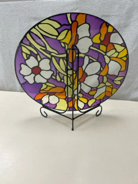 PURPLE ORANGE GLASS PLATE W/STAND FLORAL - Image 2