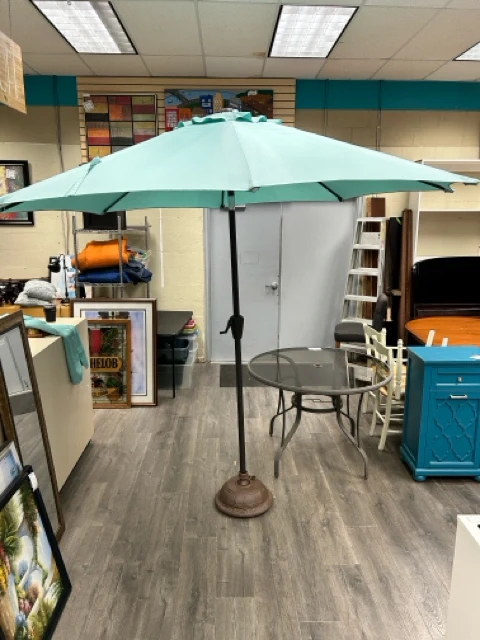 ROUND METAL GLASS TABLE & LIGHT BLUE UMBRELLA W/STAND - Image 2