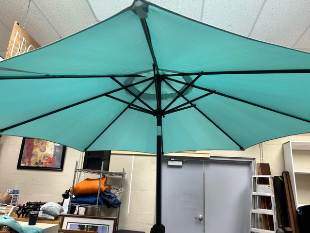 ROUND METAL GLASS TABLE & LIGHT BLUE UMBRELLA W/STAND - Image 3