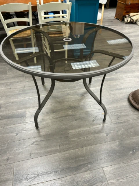 ROUND METAL GLASS TABLE & LIGHT BLUE UMBRELLA W/STAND - Image 5