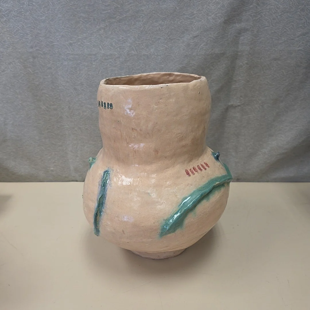 TAN BLUE ABSTRACT CERAMIC VASE