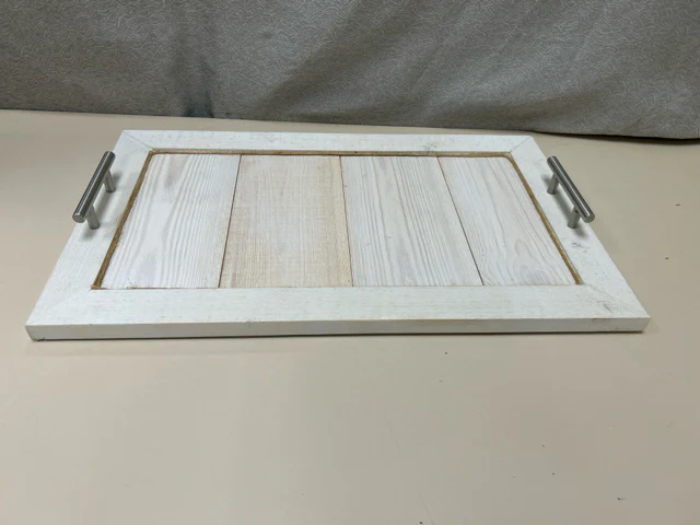 TAN TRAY W/METAL HANDLES